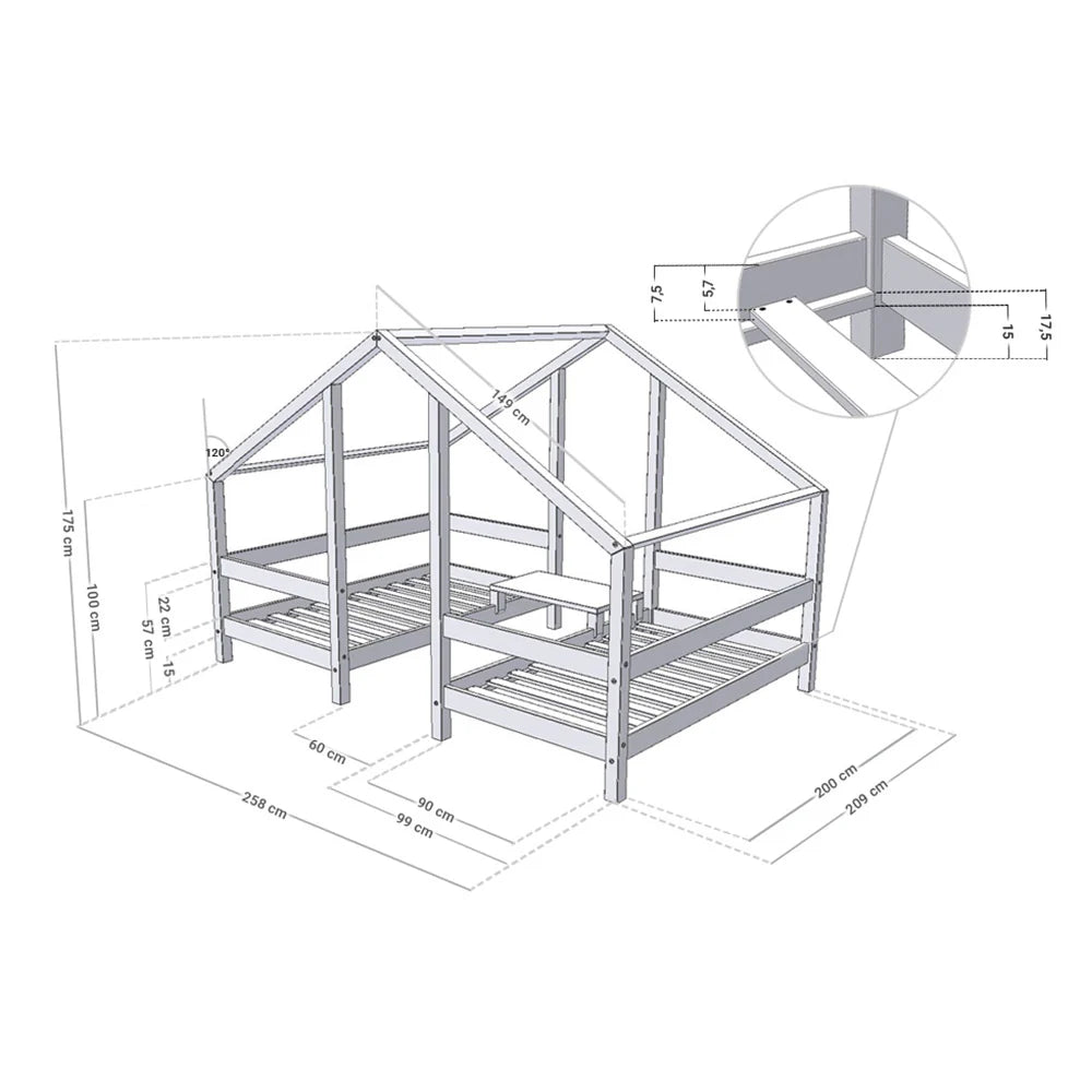 Large Wooden House Bed for Two Children VILLY - Grey - MOBILIA VITA