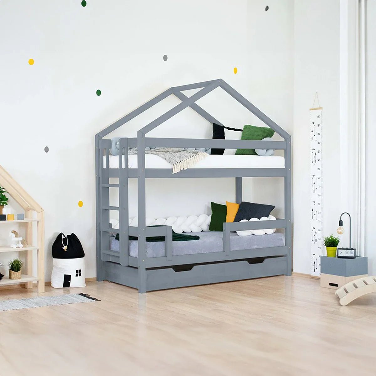 Wooden Children's House Bunk Bed KILI - Grey