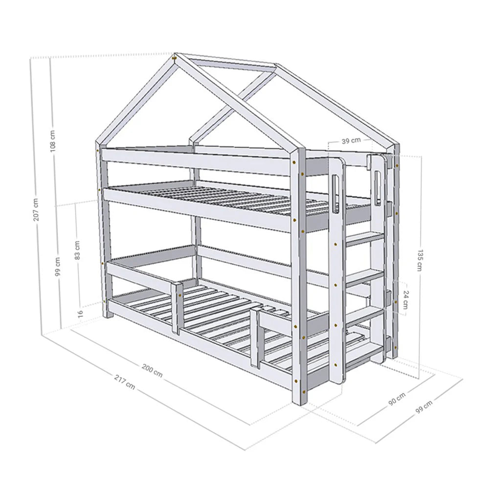 Wooden Children's House Bunk Bed KILI - Grey - MOBILIA VITA