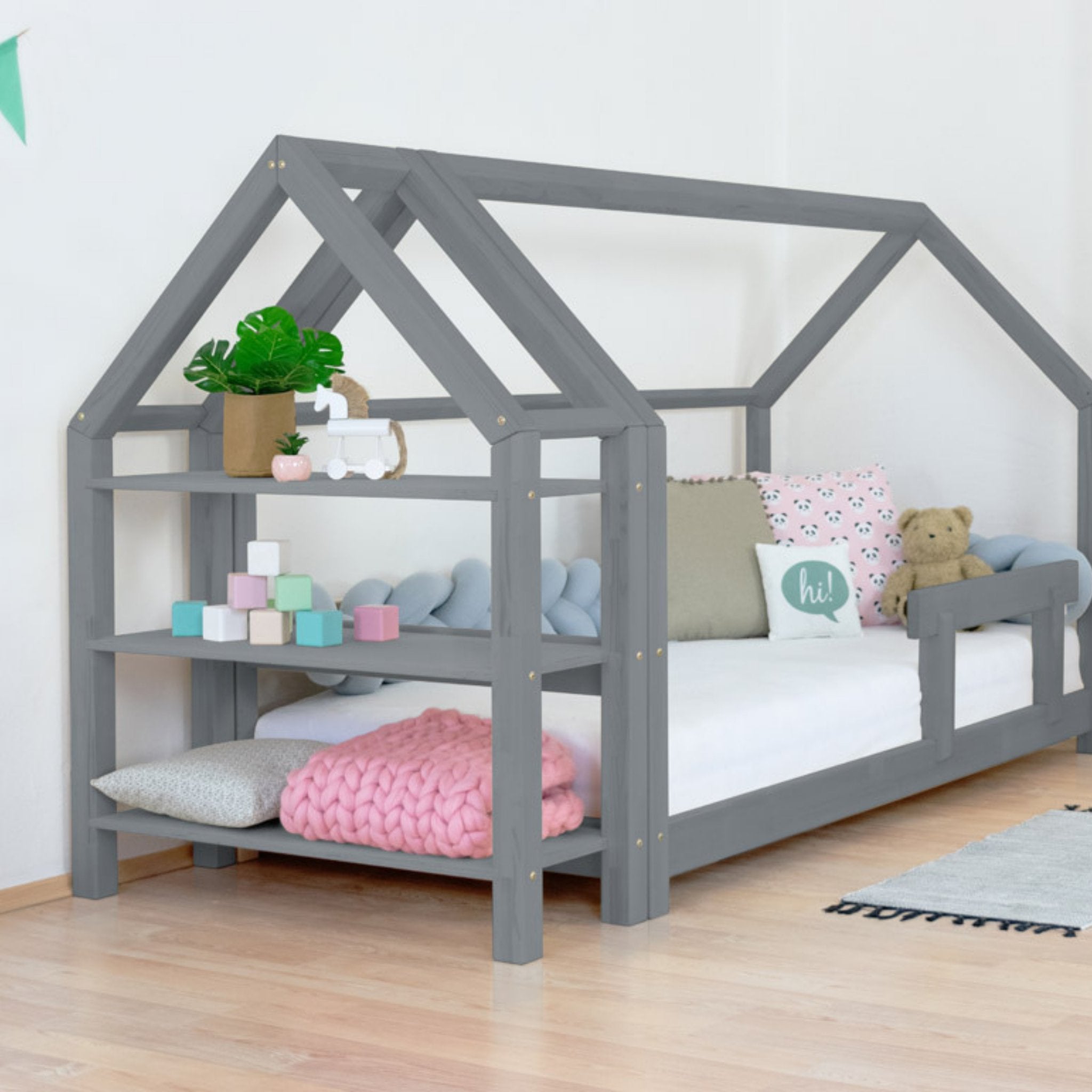 Wooden House Bed and Shelf: TERY + KTERY - Grey